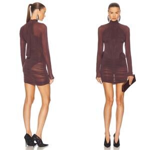 MAGDA BUTRYM Sheer Long Sleeve Floral Rosette Boned Bodice Brown Mini Dress Sz 2